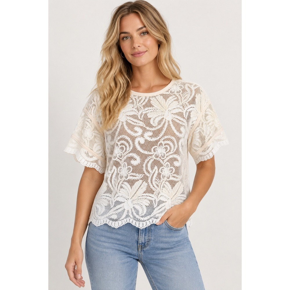 EVEREVE Blouse Top Floral Lace Sheer Short Sleeve Boxy Ivory White Cream XS